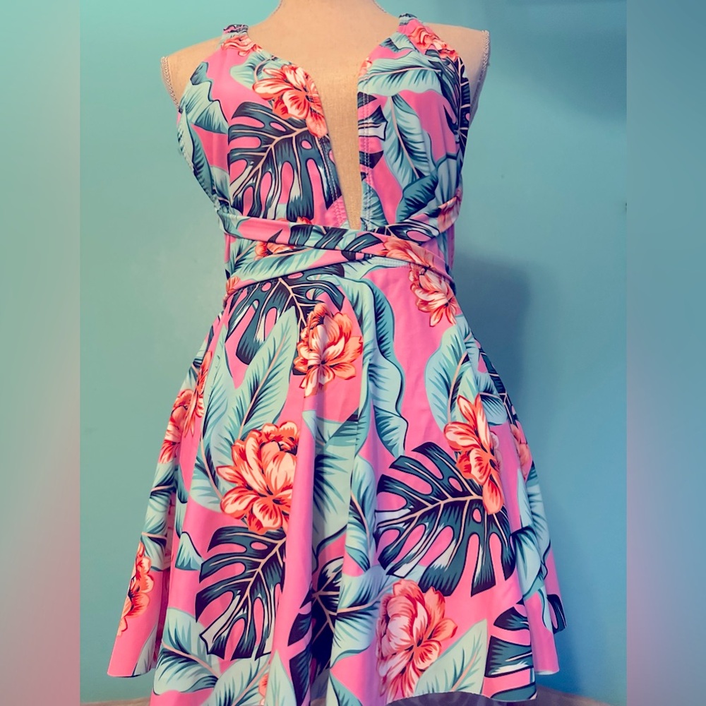 EUC sm one piece swim dress multicoloured with tropical pattern. Low halter top.